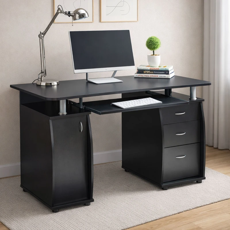 Image of RayGar Wicklow Computer Desk with Storage Cabinet & 3 Drawers in Black Size: 1 Pack Black Unisex 1 Pack