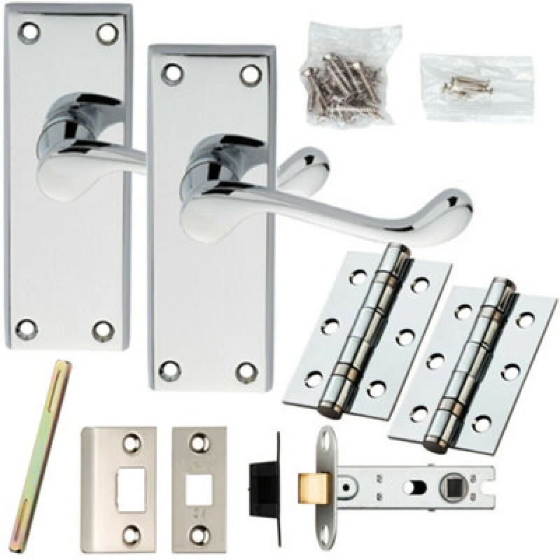 Image of Loops Door Handle & Latch Pack Chrome Victorian Scroll Short Lever Plate 118 x 43mm Multi