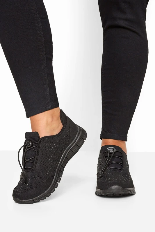 Image of Yours Womens Wide & Extra Wide Fit Embellished Drawcord Trainers in Black Size: 9E Black Female 9E