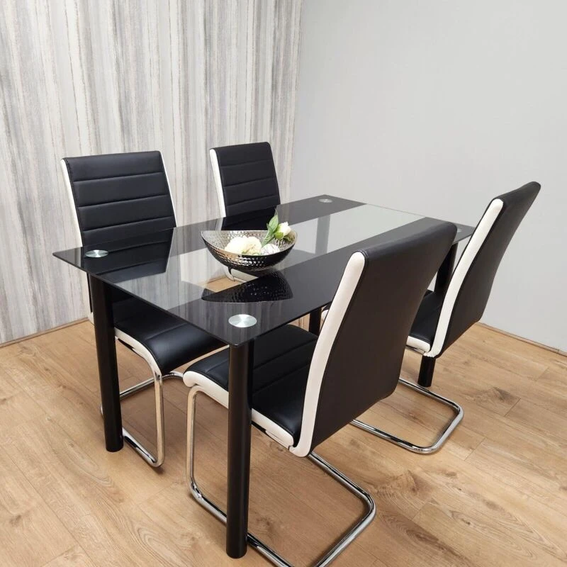 Image of KOSY KOALA Kosy Koala - Dining Table and 4 Chairs Black Clear Glass 4 Leather Black White Chairs Dining Room Furniture Black clear 120 table + 4 ZBW c