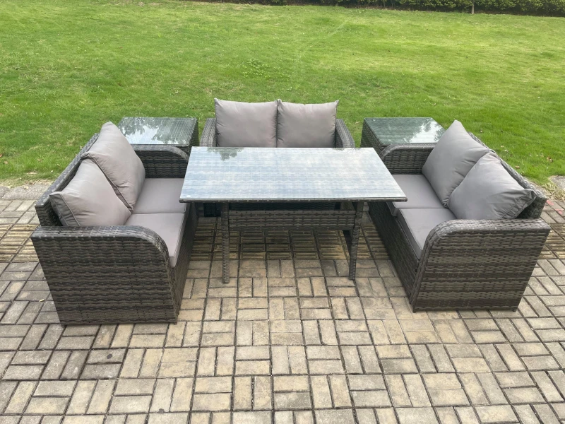 Image of Fimous 6 Seater Outdoor Rattan Garden Furniture Set with Patio Love Sofa Rectangular Dining Table 2 Side Tables Dark Grey Mixed Dark Grey Unisex