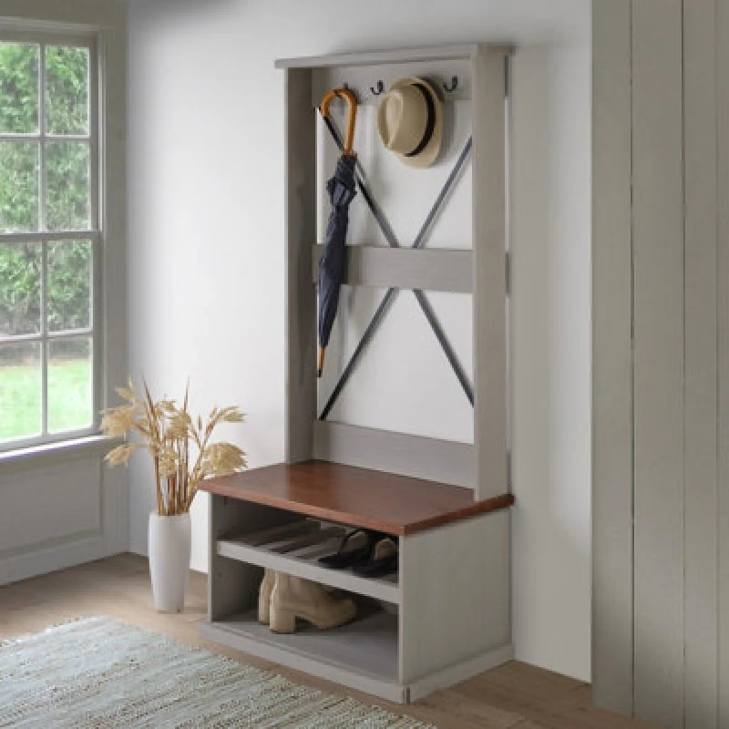 Image of Mercers Furniture Cottage Grey Painted Pine Hall Tree Coat Rack Wooden With Storage Shelf 171H X 80W X 44D Cm
