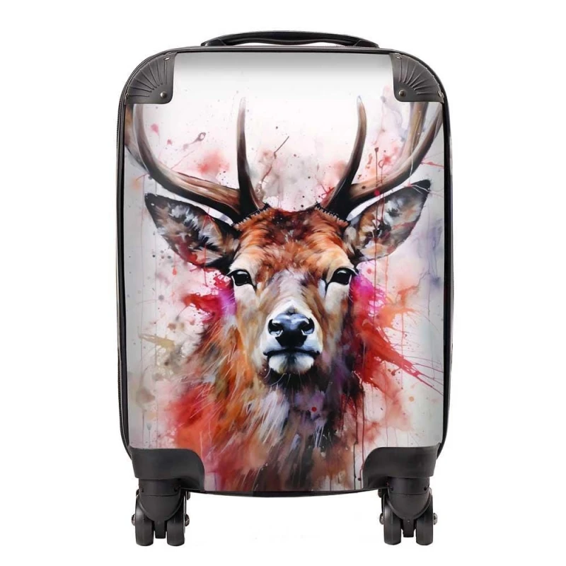 Image of Warren Reed - Designer Watercolour Splashart Stag Face Suitcase in Brown Size: Medium Brown Unisex Medium