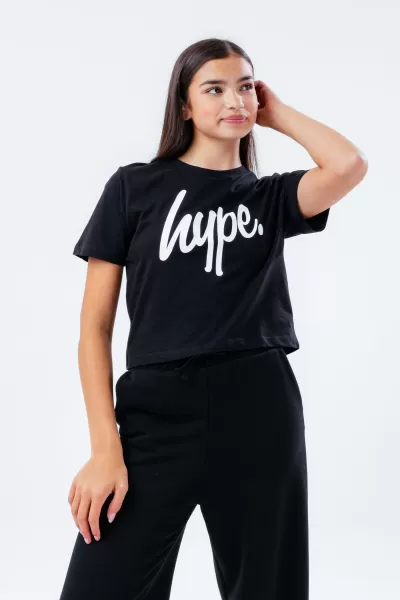 Image of HYPE GIRLS BLACK SCRIPT CROP T-SHIRT