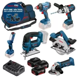 Image of Bosch 0615990L1M 18v 6 Piece Cordless Robust Tool Kit - 3 x 4ah Batteries + Bag