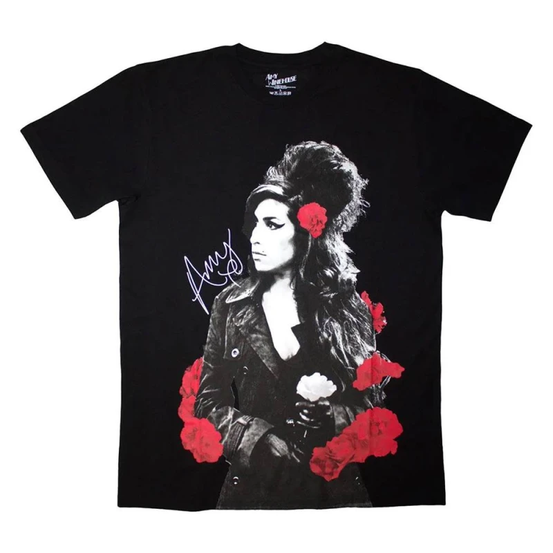 Image of Amy Winehouse Mens Rose Portrait T-Shirt in Black Size: Medium Black Male M