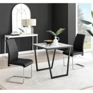 Image of Furniture Box Carson White Marble Effect Square Dining Table and 2 Black Lorenzo Chairs