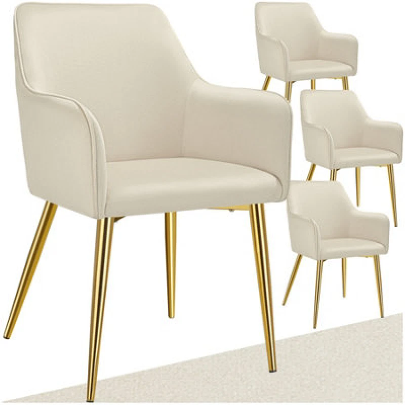 Image of Tectake Set Of 4 Dining Chair Avane - Velvet Look, Padded Armchair, High Backrest And High Armrests - Beige