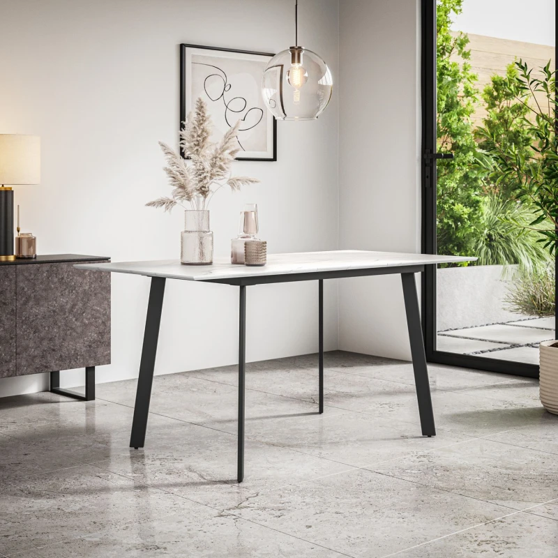 Image of More4Homes Haydon Extending Dining Table Modern White Marble Effect Table Top W Black Legs