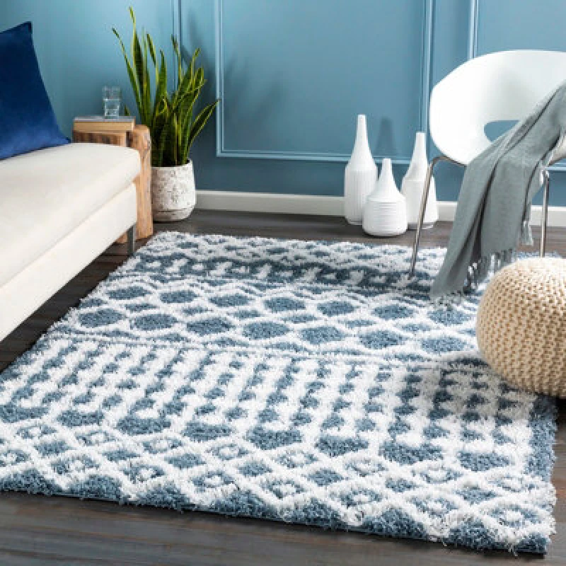 Image of Livabliss Shaggy Geometric Plush Pile Denim Nour Area Rug 160 X 220 Cm - Easy Care, Non Shedding, Ideal For Living Room & Bedroom