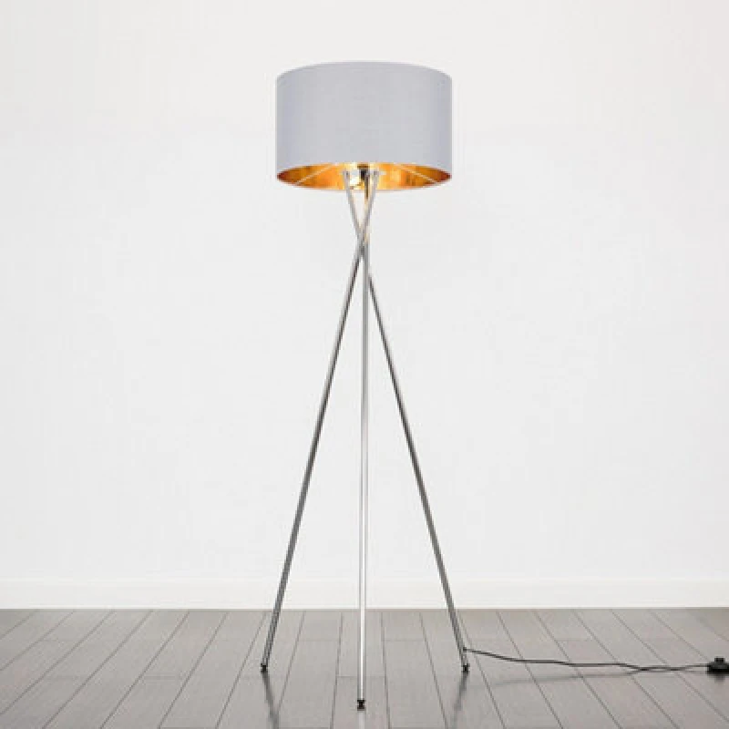 Image of ValueLights ValueLights Camden Grey & Metallic Shade & Chrome Tripod Floor Lamp with Bulb in Metallic Gold Metallic Gold One Size Unisex 5055759991616