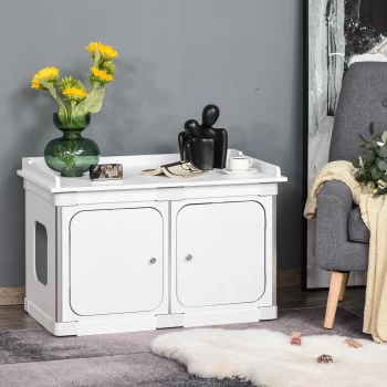 Image of PawHut Wooden Cat Litter Box Washroom Toilet Home Cabinet Decorative Kitty House Nightstand End Table White AOSOM UK