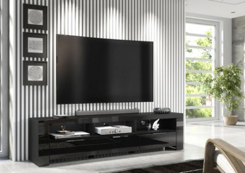 Image of Furneo 200Cm Black Long TV Stand Unit Cabinet Matt & High Gloss White LED Lights Phantom 10
