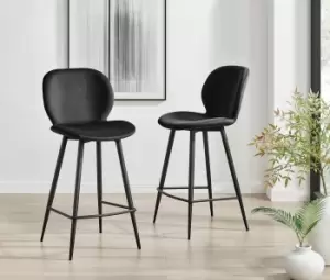Image of Set of 2 Arna Soft Padded Velvet Retro Chic Bar Stools With Tapered Black Legs