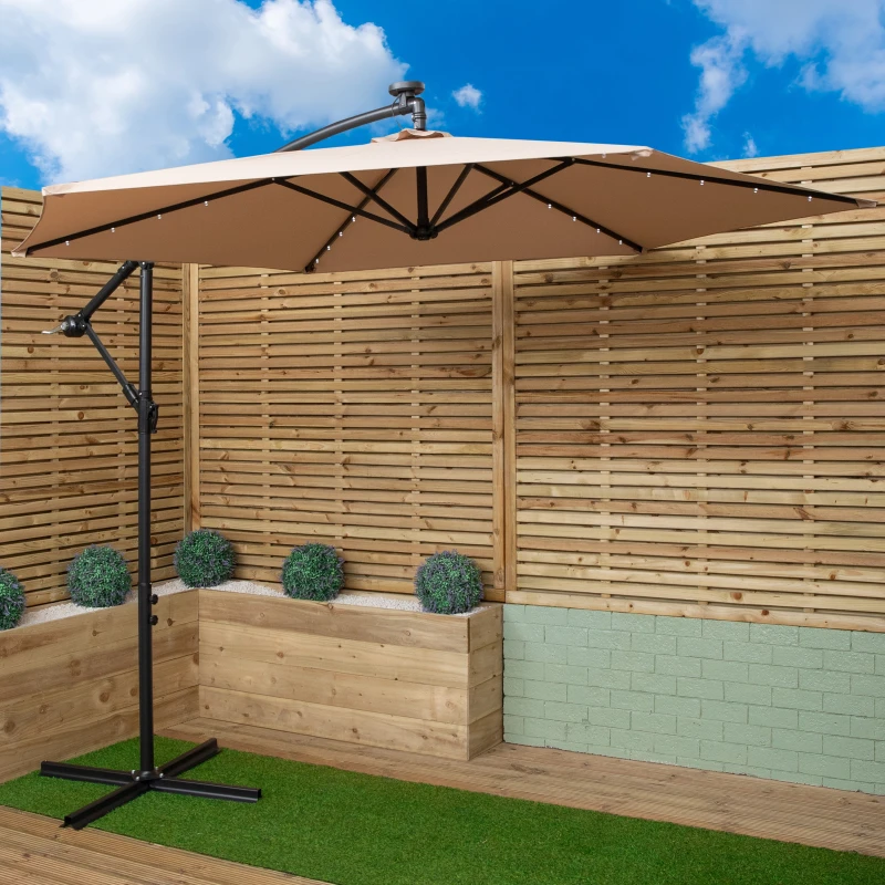 Image of Samuel Alexander 3m Solar Powered Cantilever Lit Banana Garden Parasol with Crank Handle & White LED Lights in Beige