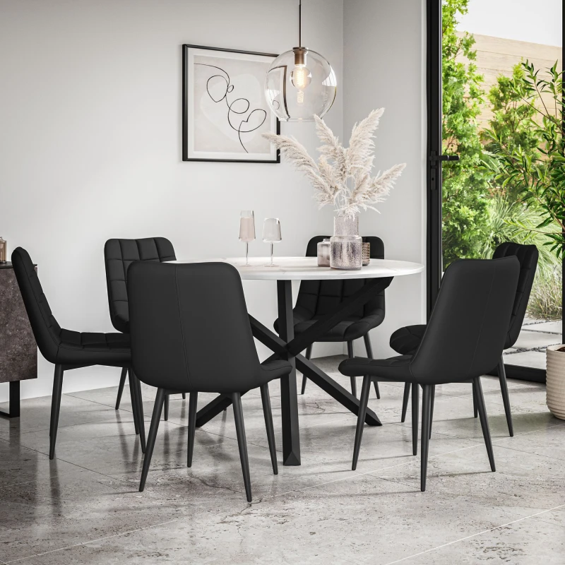 Image of More4Homes Malvern Round Dining Table And Chairs - Marble Table Top W Solid Black Oak Legs + Nova Faux Leather Dining Chair Set Of 6 (Black)