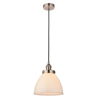 Image of Endon Directory Lighting - Endon Rowan - 1 Light Pendant Gloss Opal Duplex Glass, Satin Nickel Plate, E27