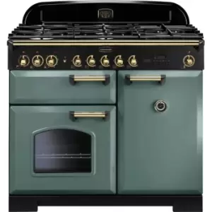 Image of Rangemaster Classic Deluxe CDL100DFFMG/B 100cm Dual Fuel Range Cooker - Mineral Green / Brass - A/A Rated