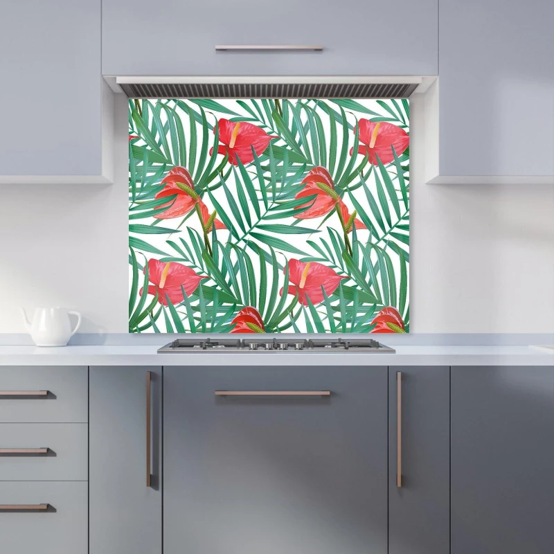 Image of Warren Reed - Designer Tropical Flowers & Palm Leaves Kitchen Splashback in Green Size: 900mm x 750mm Green Unisex 900mm x 750mm