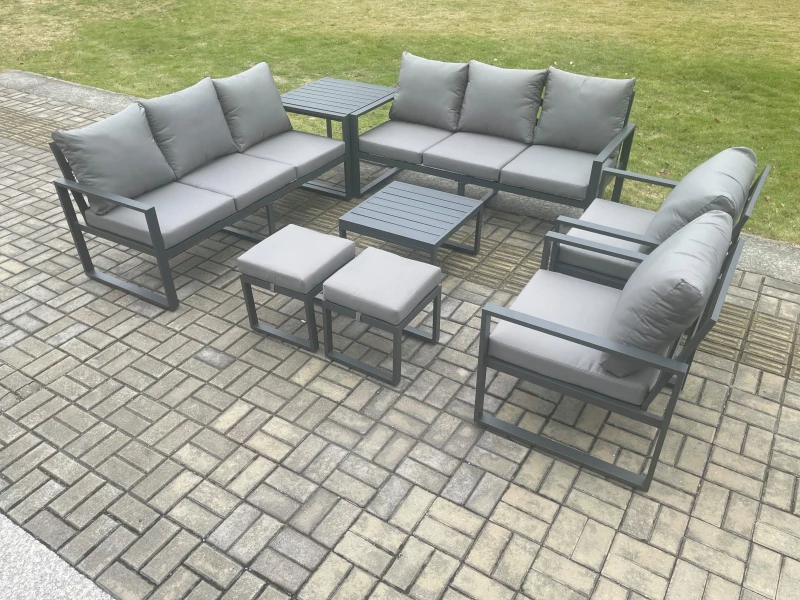 Image of Fimous Aluminium Patio Outdoor Garden Furniture Lounge Sofa Set with Square Coffee Table 2 Chairs Side Table 2 Small Footstool Dark Grey Dark Grey Uni