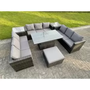Image of Fimous 9 Seater Outdoor Dark Grey Rattan Garden Dining Sofa Set with Adjustable Dining Table, 2 Side Coffee Tables and Big Footstool