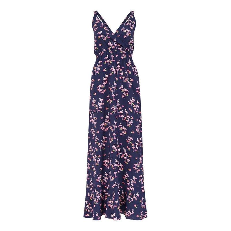 Image of Yumi Yumi Navy Flamingo Printed Maxi Dress - Blue Blue 8