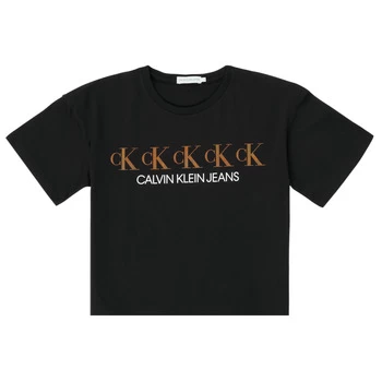 Image of Calvin Klein Jeans CK REPEAT FOIL BOXY T-SHIRT Girls Childrens T shirt in Black - Sizes 8 years,10 years,12 years,14 years,16 years