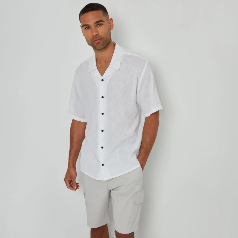Image of Threadbare Linen Blend Revere Collar Short Sleeve Shirt - White White 2XL