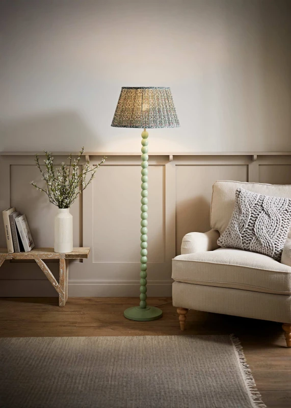 Image of ValueLights ValueLights Bobbin Bobbles Floor Lamp with Floral Pleated Tapered Lamp Shade in Pale Green Pale Green One Size Unisex 5059406067846