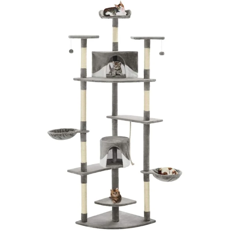 Image of vidaXL Cat Tree with Sisal Scratching Posts 203cm Grey and White Playhouse