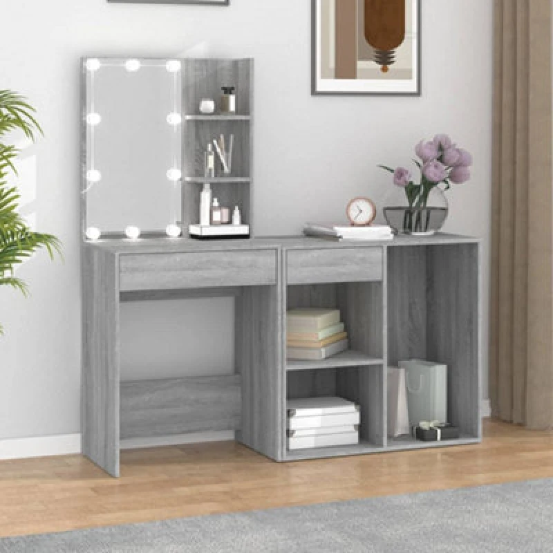 Image of Vidaxl LED Dressing Table With Cabinet Grey Sonoma Engineered Wood