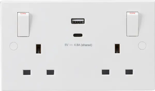 Image of KnightsBridge 13A 2G Square Edge White Switched socket with outboard rockers and dual USB (A+C) 5V DC 4.8A shared