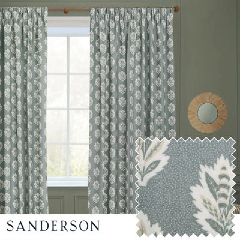 Image of Sanderson Sanderson Sessile Leaf Printed Room Darkening Pencil Pleat Curtains in Light Blue Size: 117cm width x 183cm drop Light Blue 117cm width x