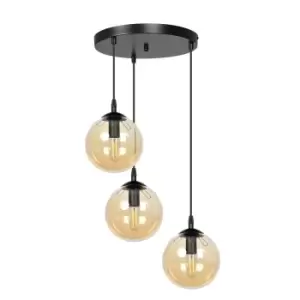 Image of Cosmo Black Globe Cluster Pendant Ceiling Light with Amber Glass Shades, 3x E14