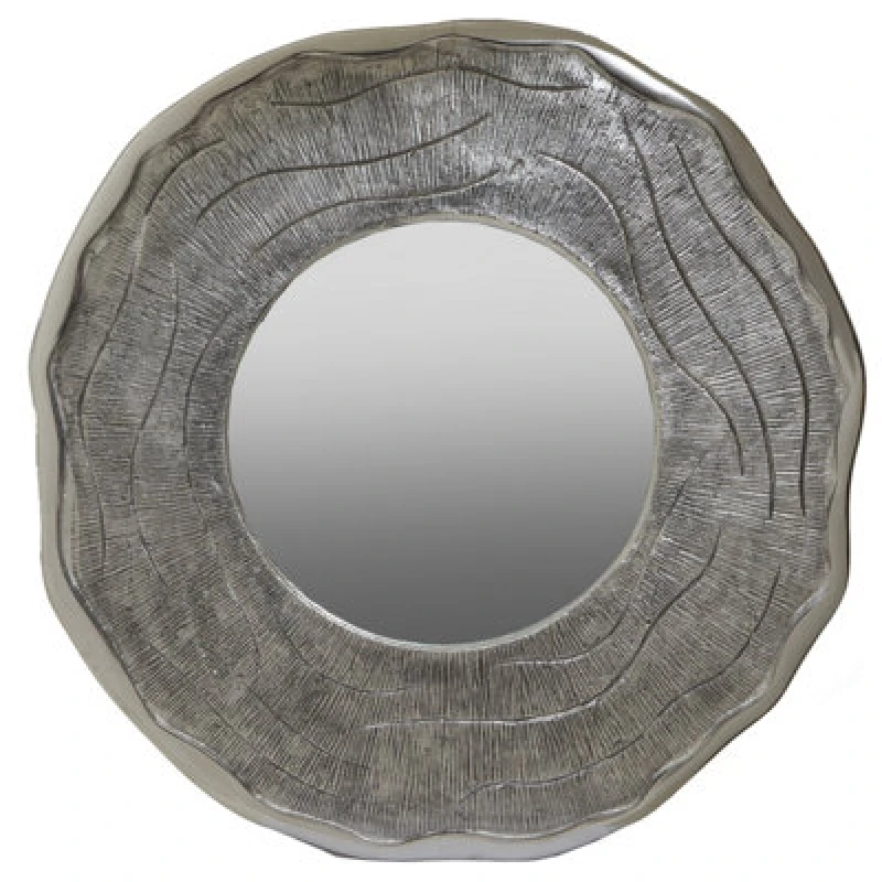 Image of Orsina Large Oak Effect Silver Wall Mirror, Contemporary Round Wall Mirror For Living Room, Heavy Metal Art Mirror