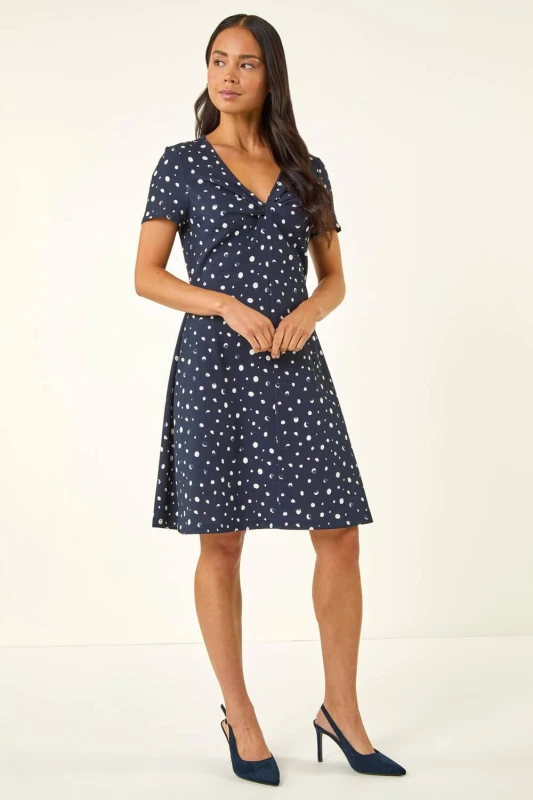 Image of Roman Womens Petite Spot Print Twist Front Dress in Navy Size: 14 Navy Female 14