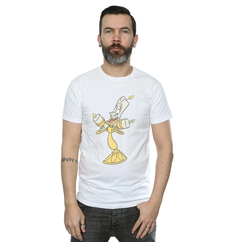 Image of Disney Men Beauty And The Beast Lumiere Distressed T-Shirt in White Size: Small White S Male 5059114936915