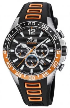 Image of Lotus Mens Black/Orange Silicone Strap Black Chronograph Watch