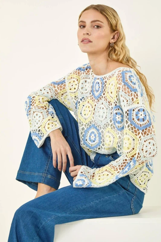 Image of Roman Womens Floral Crochet Knit Top in Light Blue Size: Medium Light Blue Female M