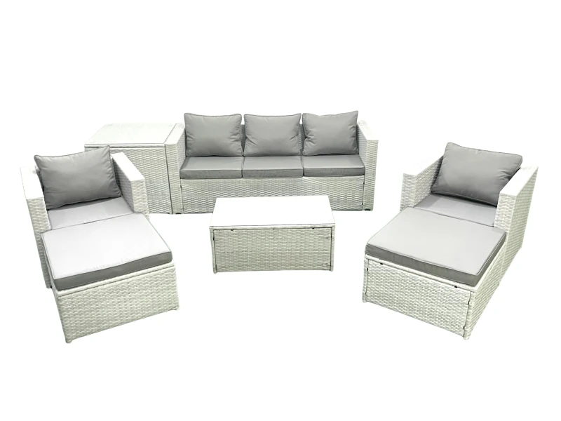 Image of Fimous Rattan Garden Furniture Set with 3 Seater Sofa 2 Chair Rectangular Coffee Table 2 Big Footstools Side Table Light Grey Mixed 7 Seater Light Gre