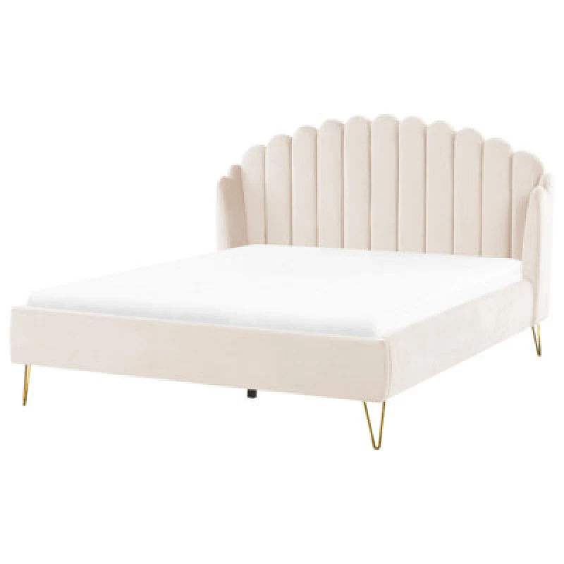 Image of Beliani Bed Velvet Ambillou 180 X 200 Cm (Eu Super King) Light Beige