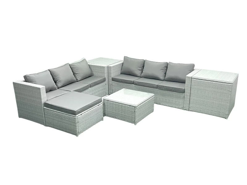 Image of Fimous Rattan Garden Outdoor Furniture Set 7 Seater Rattan Garden Sofa Set with Big Footstool 2 Side Tables Light Grey Mixed Light Grey