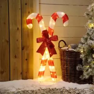Image of Festive 87cm Lit Twin Candy Canes With Bow 50 Warm White LEDs