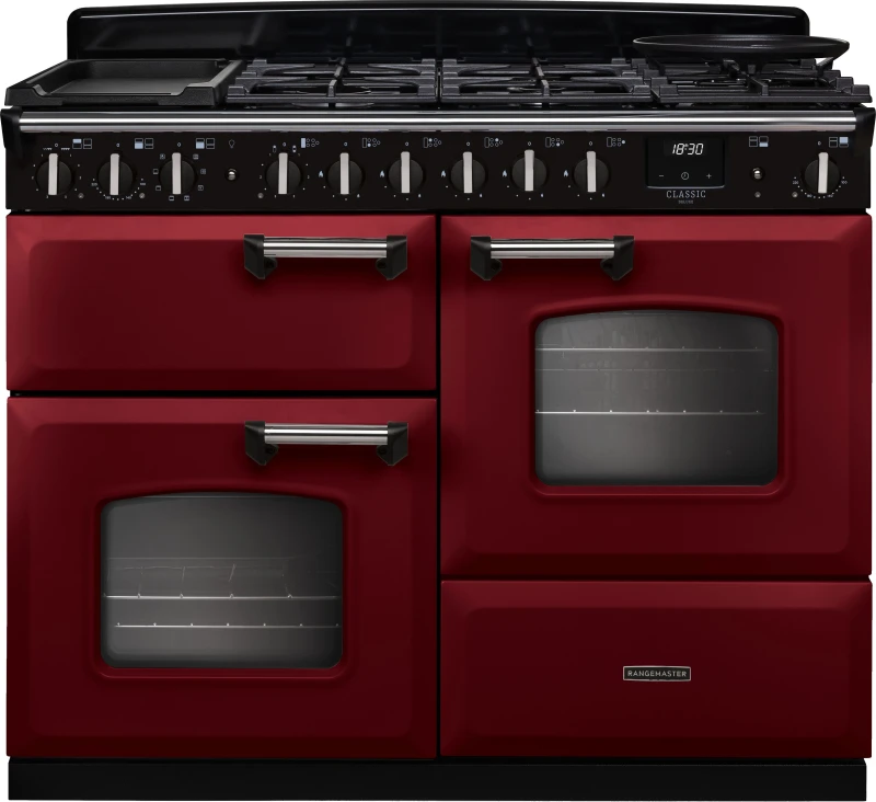 Image of Rangemaster Classic Deluxe 110 CLDLO110DFPBOR/CM1 110cm wide Dual Fuel Range Cooker with Gas Hob - Bordeaux / Chrome - A Rated