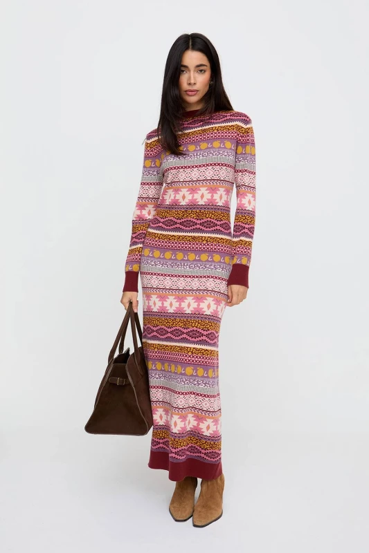 Image of Raffya Womens Elvis Longline Folk Jacquard Maxi Dress In Multi Size: 12 Multicolor Female 12