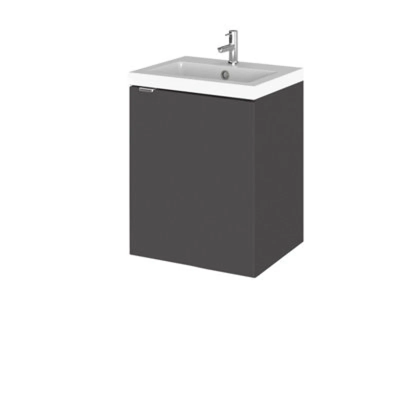 Image of Hudson Reed Fusion Wall Hung 1 Door Vanity Unit & Polymarble Basin, Stylish Sink Vanity Unit, Gloss Grey, 400mm
