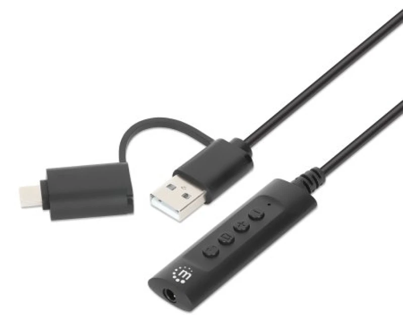 Image of Manhattan Manhattan USB cable 3.5mm jack, USB-A plug, USB-C plug 1m Black incl. volume control 153560 153560