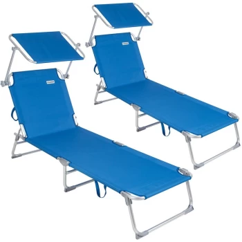 Image of Sun Lounger Folding Sunbed Adjustable Backrest Sunshade Breathable Reclinable Beach Garden Pool Fast Dry 2x Blue - Casaria