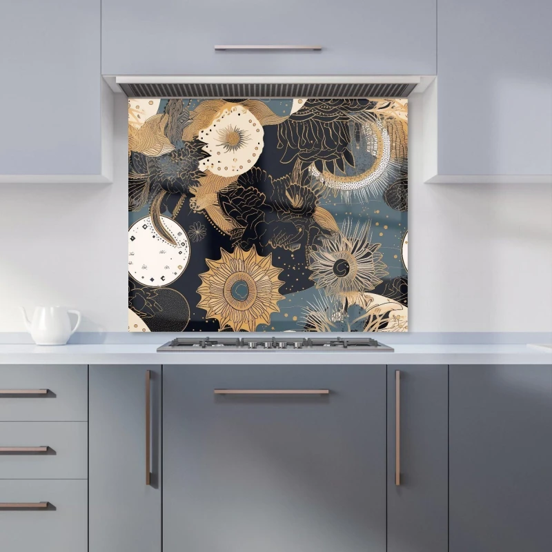 Image of Warren Reed - Designer Abstract Blue Gold Moon Sun Kitchen Splashback in Yellow Size: 600mm x 750mm Yellow Unisex 600mm x 750mm