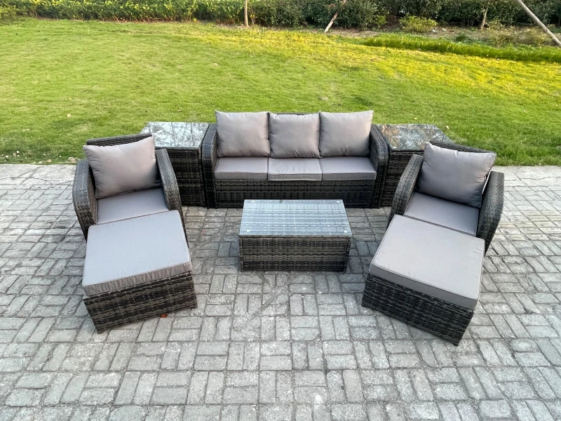 Image of Fimous Rattan Garden Furniture Set Patio Outdoor Lounge Sofa Set with Rectangular Coffee Table 2 Big Footstool 3 Seater Sofa Dark Grey